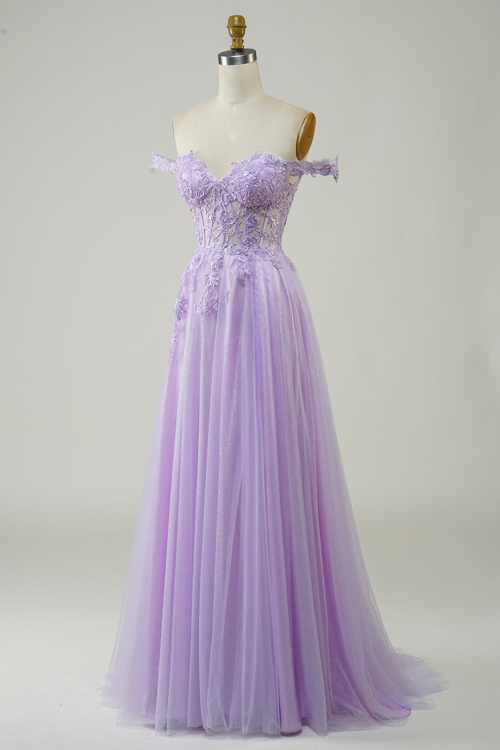Luolandi Corset A-Line Long Tulle Prom Dress With Lace Off Shoulder Lilac with Appliques