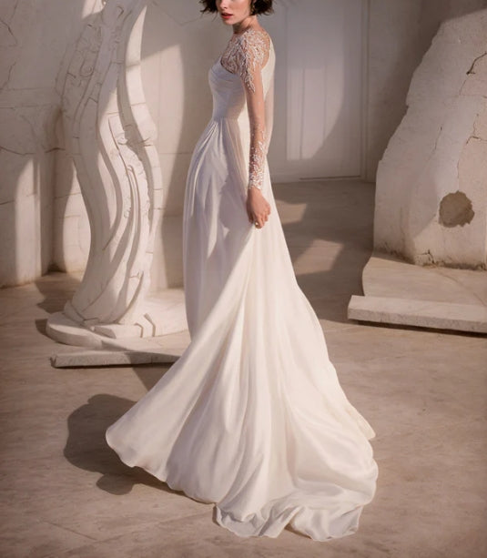 Luolandi A-Line Scoop Neck Long Sleeves Sweep Train Wedding Dresses With Front Split Elegant