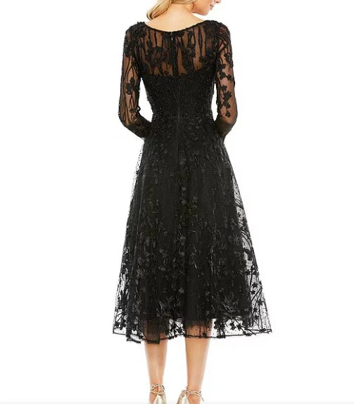 Luolandi V-Neck Embellished Floral Mesh Midi Dress Long Sleeves A-Line Cocktail Dresses Sparkly Mother of the Bride Dress