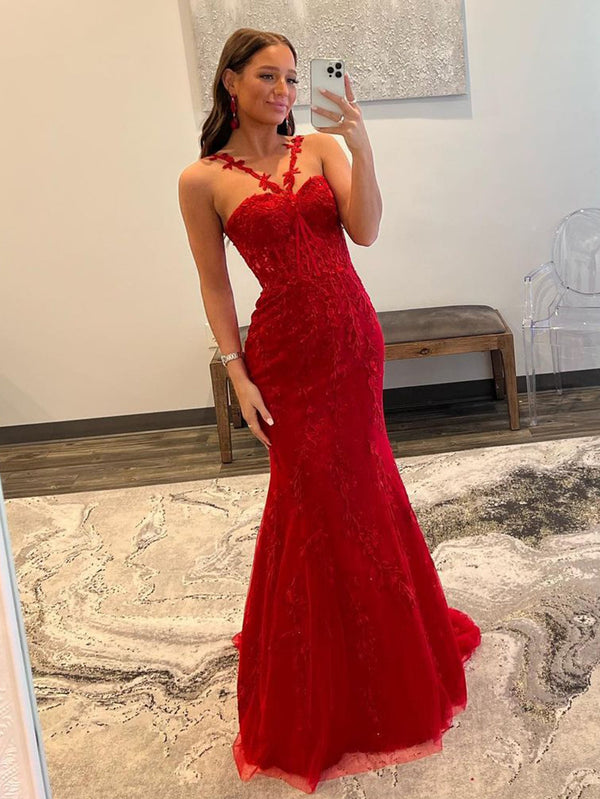 Luolandi Red Mermaid Halter Lace Mermaid Long Prom Dress Evening Dress Floor Length