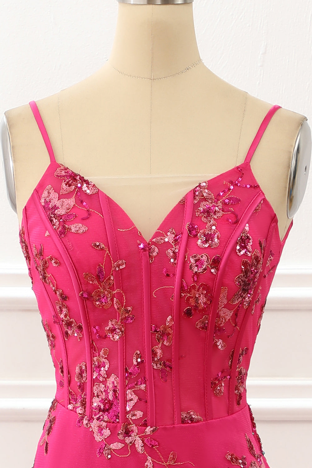 Luolandi Fuchsia Sequin Print Mermaid Corset Prom Dress Floor Length With Flowers