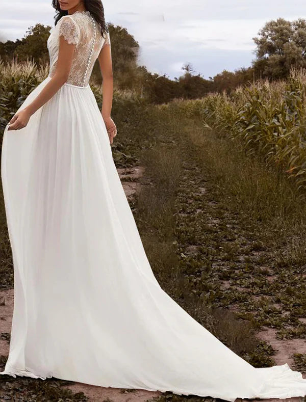Luolandi Beach Open Back Wedding Dresses A-Line V Neck Cap Sleeve Court Train Chiffon Bridal Gowns