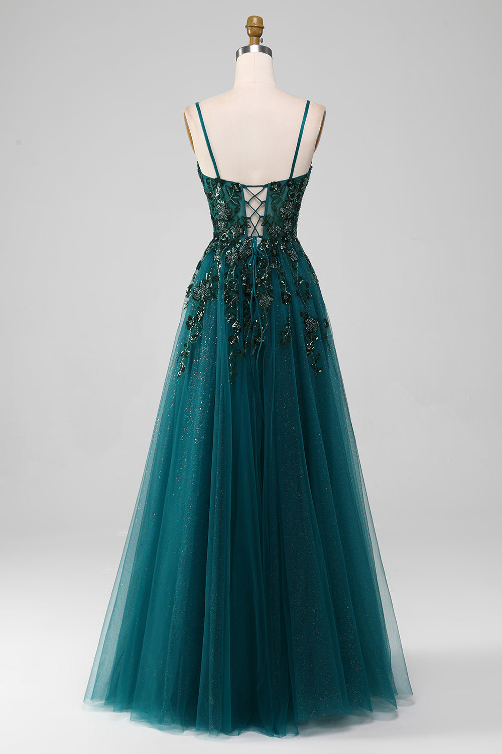 Luolandi Dark Green Tulle Spaghetti Straps A Line Prom Dress Floor Length Elegant