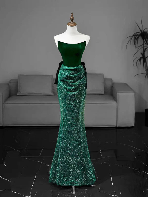Luolandi Mermaid Tulle Velvet Green Long Prom Dress Strapless Evening Dress Off Shoulder Sparkly