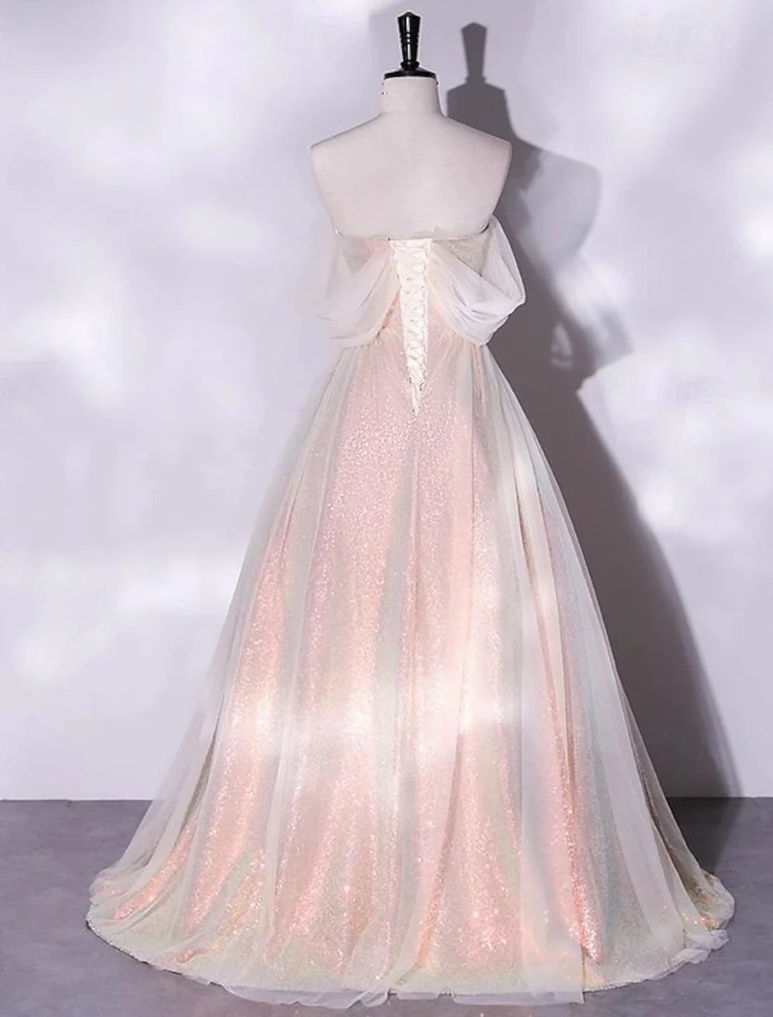 Luolandi A-Line Prom Dresses Glittering Dress Quinceanera Birthday Floor Length Short Sleeve Off Shoulder Tulle with Ruched Sparkly