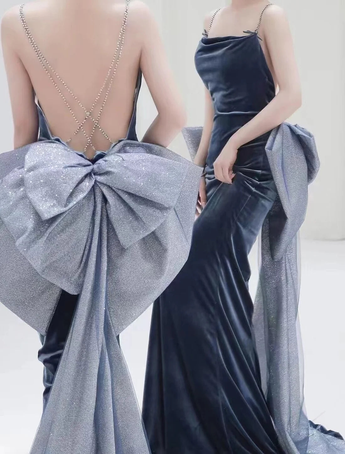 Luolandi A-Line Celebrity Style Elegant Engagement Prom Dress Spaghetti Strap Long Sleeve Sweep / Brush Train Velvet with Bow(s) Crystals Evening Dress