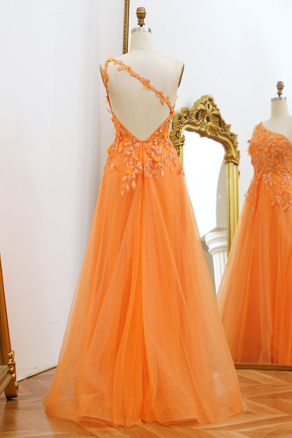 Luolandi Orange A-Line Appliqued One Shoulder Tulle Prom Dress Floor Length With Slit