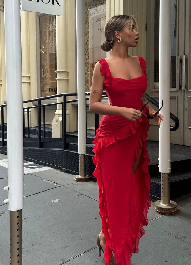 Luolandi Red Chiffon Prom Dress Long Ruffle Evening Party Dress Charming Formal Dress