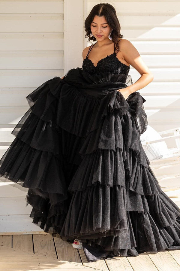 Luolandi Tiered Ruffle Appliques Corset Long Prom Dress with Spaghetti Straps Beautiful