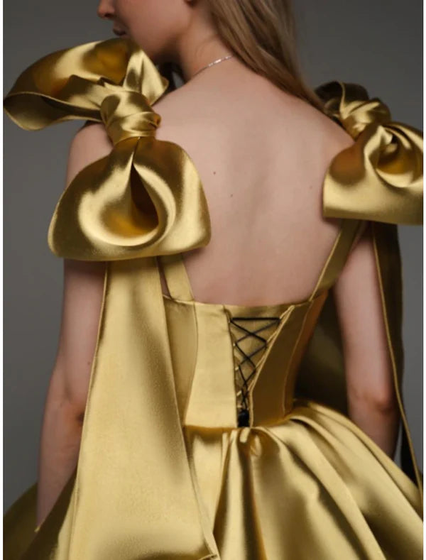 Luolandi A-Line Homecoming Dresses Party Dress Birthday Fall Short / Mini Sleeveless Square Neck Satin with Bow(s) Pleats Gold