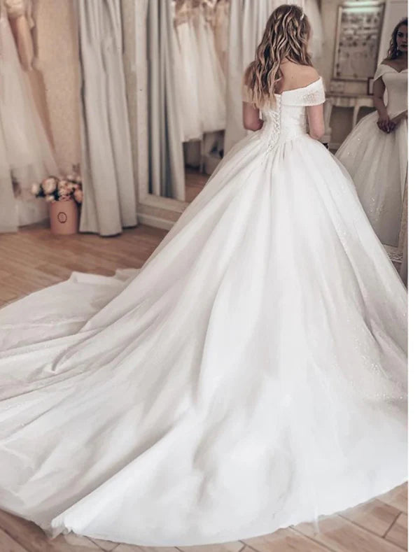 Luolandi Engagement Formal Wedding Dresses Ball Gown Off Shoulder Cap Sleeve Chapel Train Tulle Bridal Gowns With Pleats