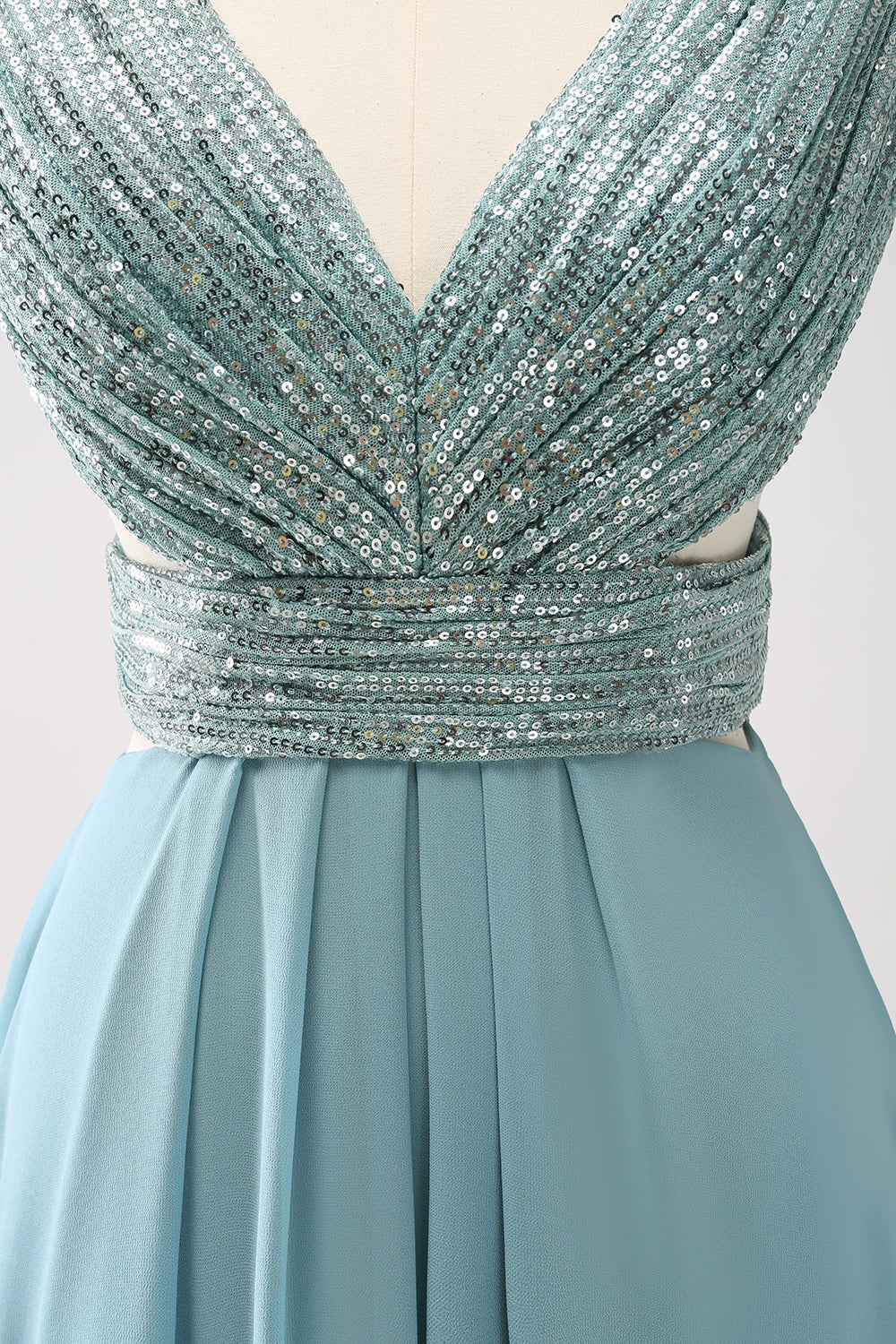 Luolandi Sparkly V Neck Grey Green Sequined A Line Long Prom Dress Bridesmaid Dress Evening Dress