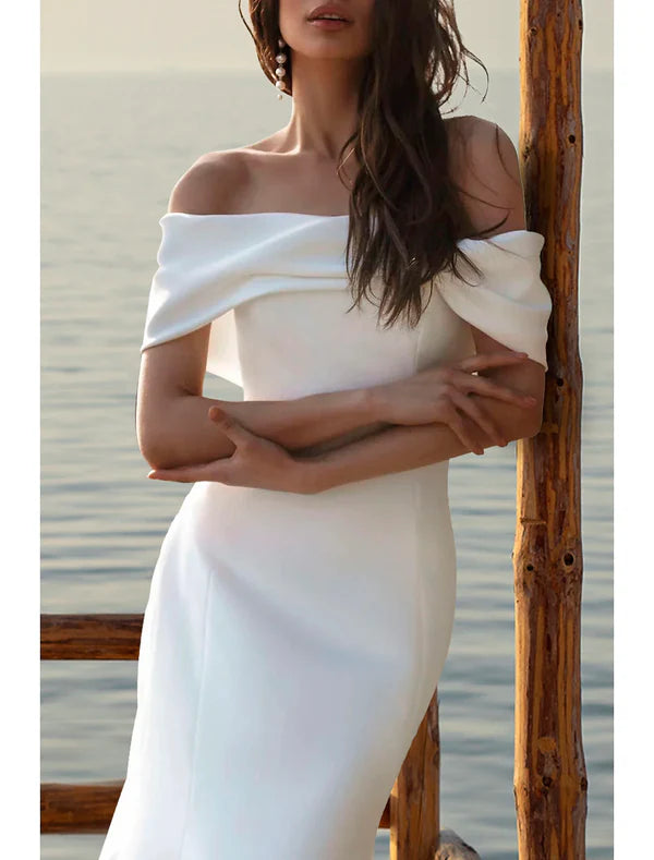 Luolandi Beach Simple Wedding Dresses Mermaid / Trumpet Off Shoulder Cap Sleeve Court Train Satin Bridal Gowns With Ruched