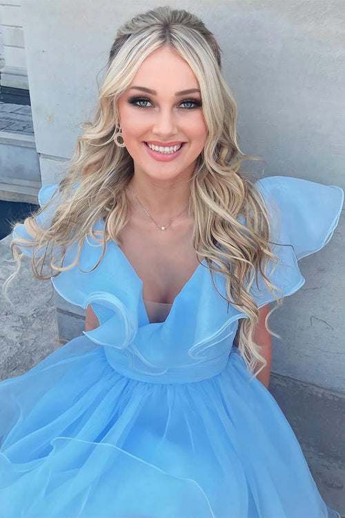 Luolandi A Line V Neck Organza Ruffles Homecoming Dress Solid Color Short Party Dress
