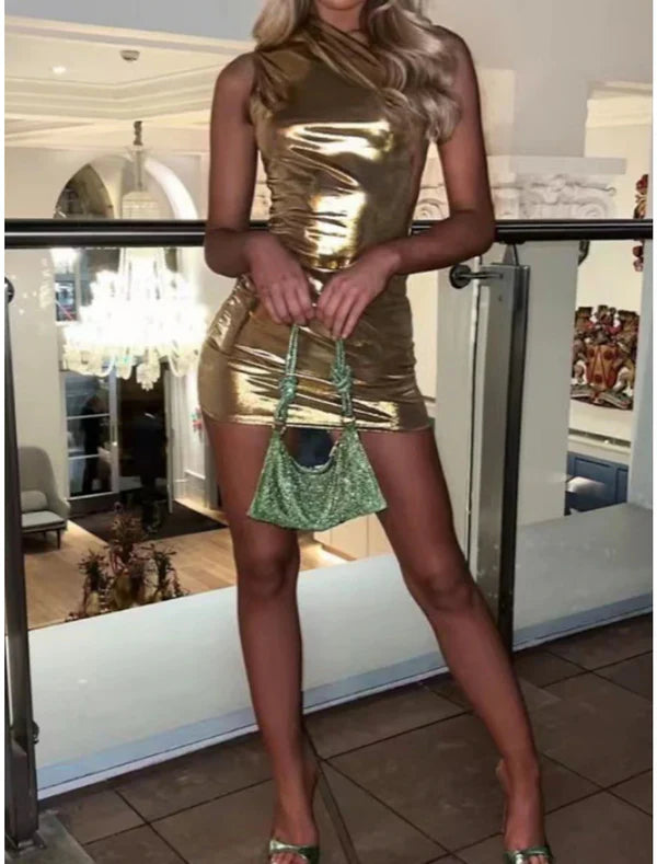 Luolandi Women's Party Dress Homecoming Dress Wedding Guest Dress Mini Dress Blue Gold Green Sleeveless Pure Color Ruched Summer Spring Fall One Shoulder