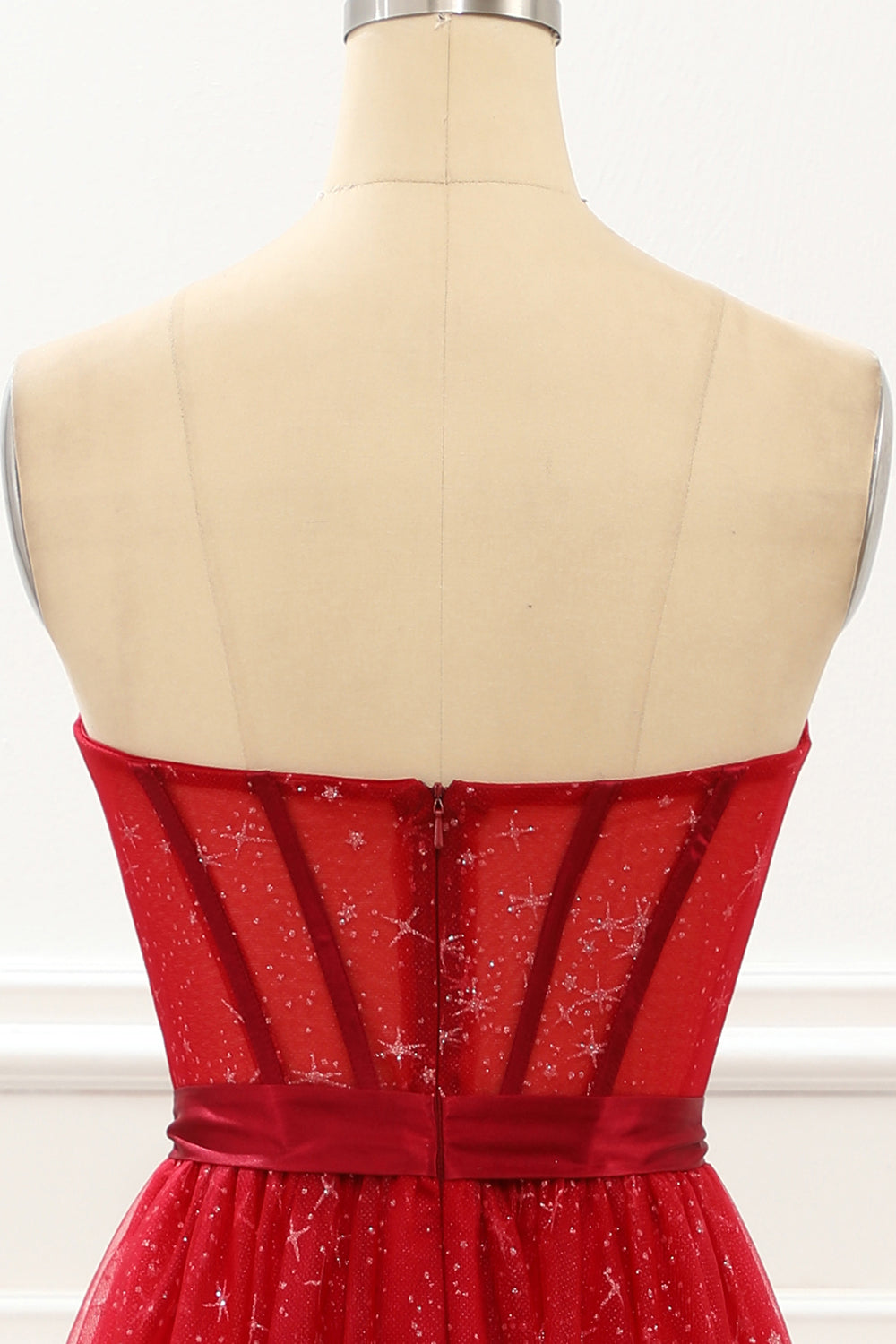 Luolandi Strapless Red Tulle A Line Corset Prom Dress Off Shoulder Floor Length