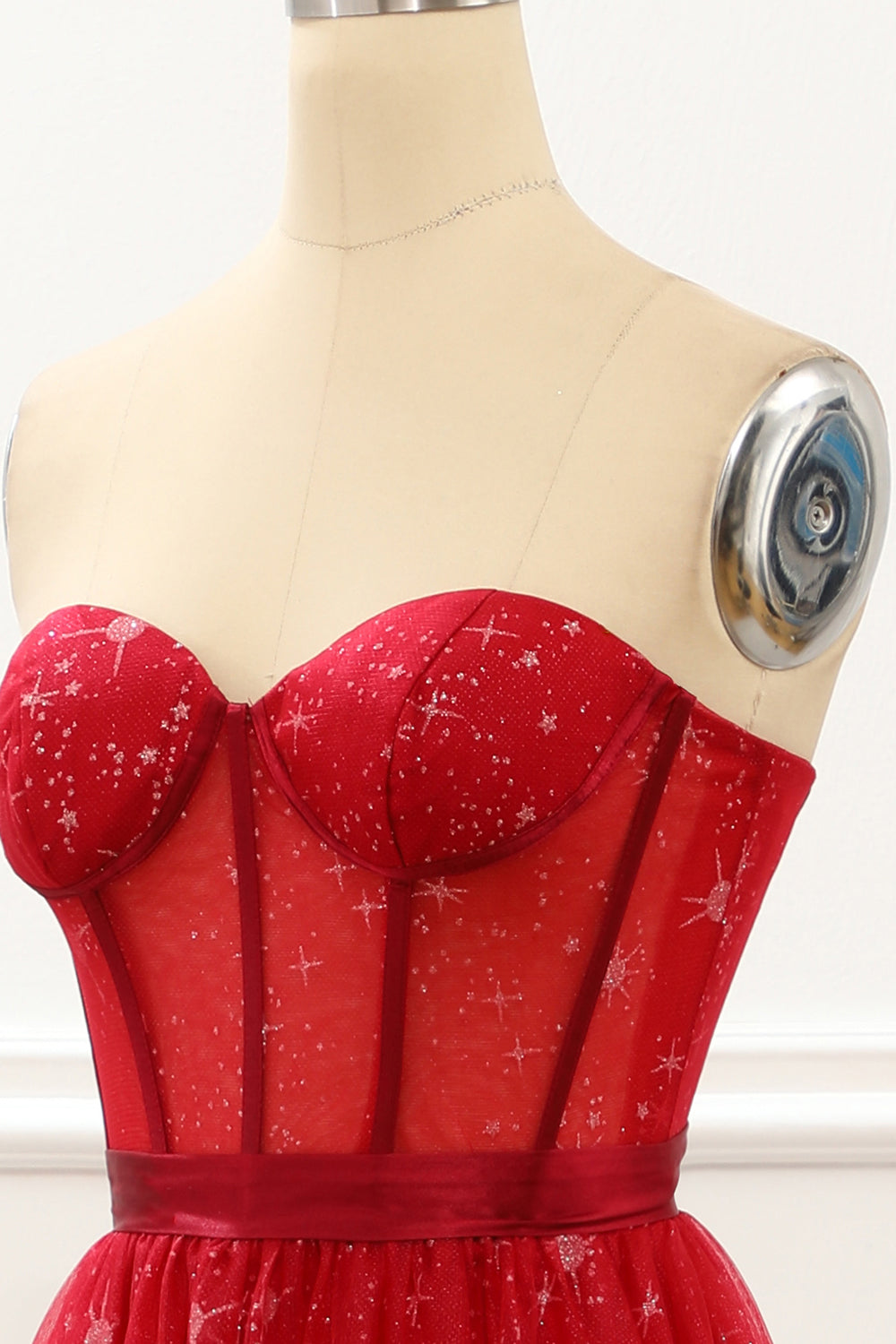 Luolandi Strapless Red Tulle A Line Corset Prom Dress Off Shoulder Floor Length