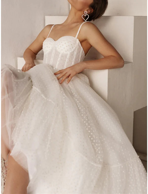 Luolandi Reception Little Dresses Wedding Dresses A-Line Sweetheart Camisole Spaghetti Strap Ankle Length Tulle Bridal Gowns