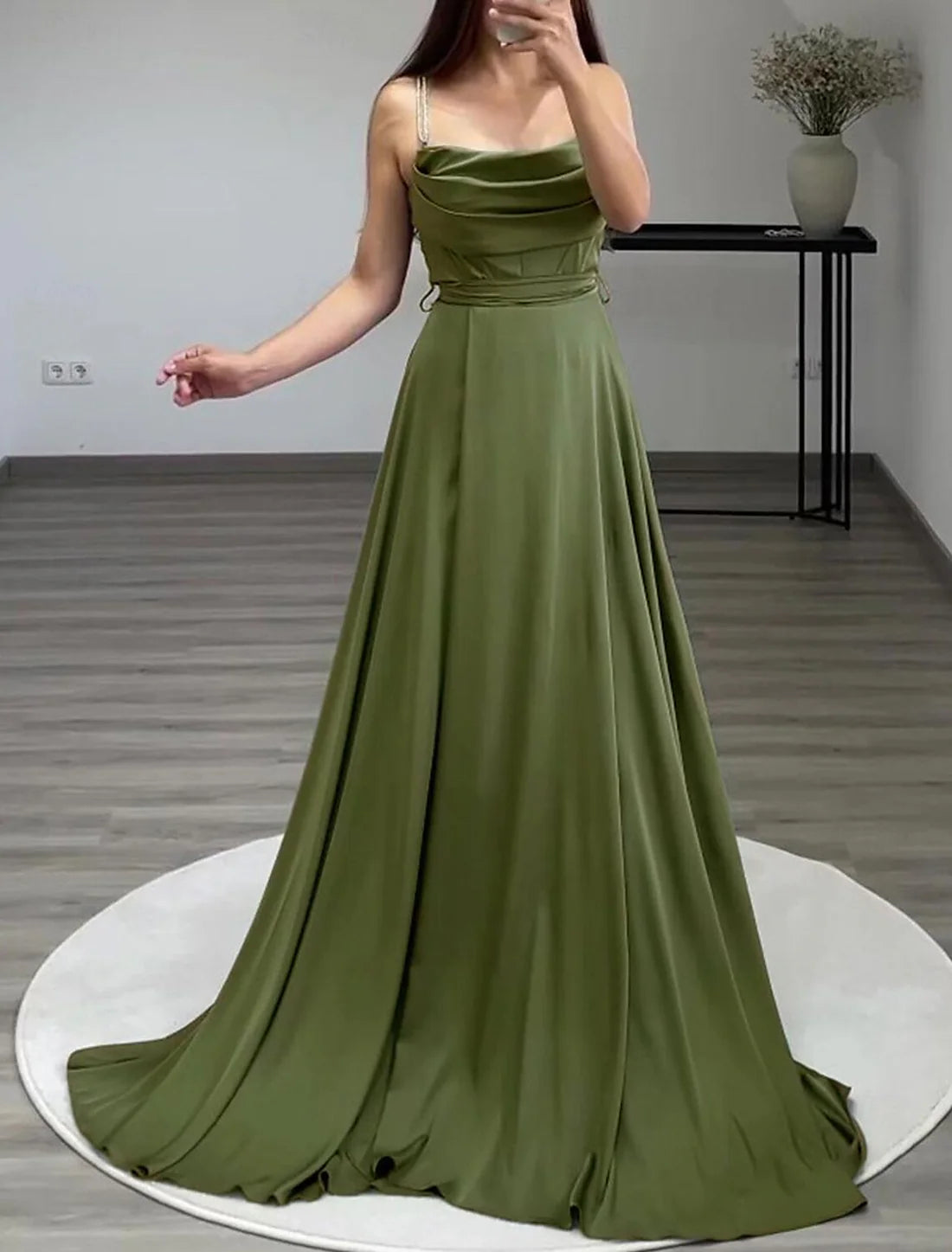Luolandi A-Line Evening Gown Elegant Dress Formal Floor Length Sleeveless Spaghetti Strap Italy Satin