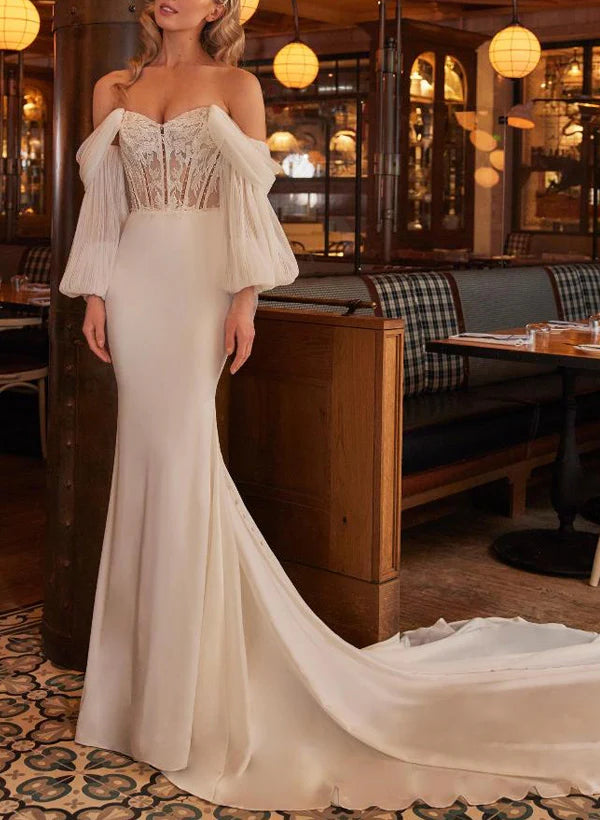 Luolandi Off-The-Shoulder Trumpet/Mermaid Lace/Silk Like Satin Wedding Dresses Elegant