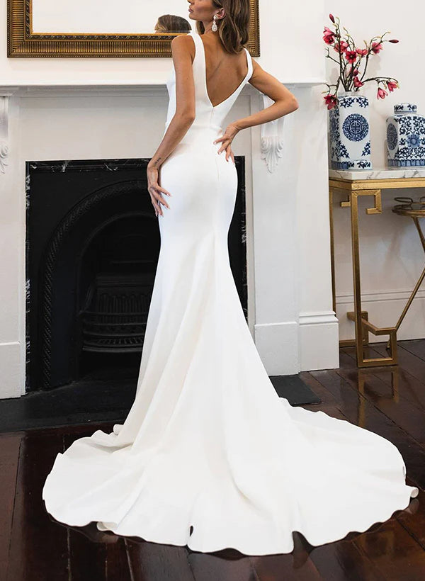 Luolandi Satin Wedding Dresses Elegant Trumpet/Mermaid V-Neck Sleeveless Floor Length Simple