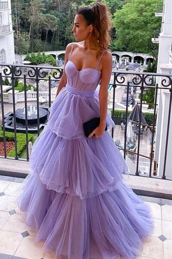 Luolandi A-line Tiered Ruffled Long Tulle Prom Dress Off Shoulder Sexy Evening Dress