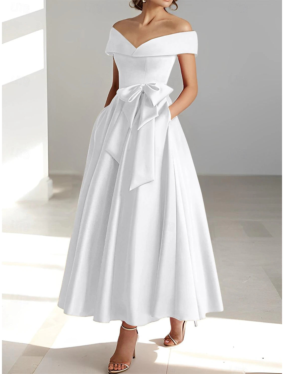 Luolandi A-Line Wedding Guest Dress Elegant Dress Semi-formal Dress Tea Length Short Sleeve Off Shoulder Pocket Satin with Bow(s) Evening Dress