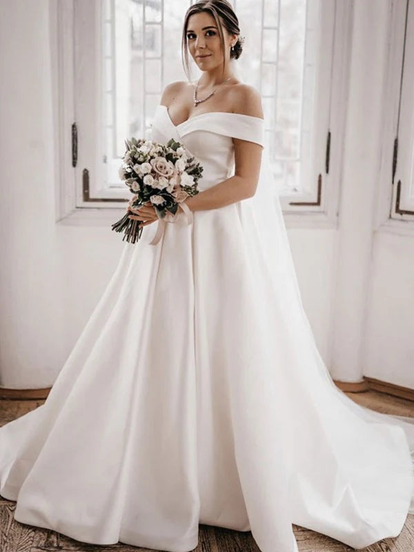 Luolandi A-Line/Princess Satin Ruffles Off-the-Shoulder Sleeveless Sweep/Brush Train Wedding Dresses Sexy