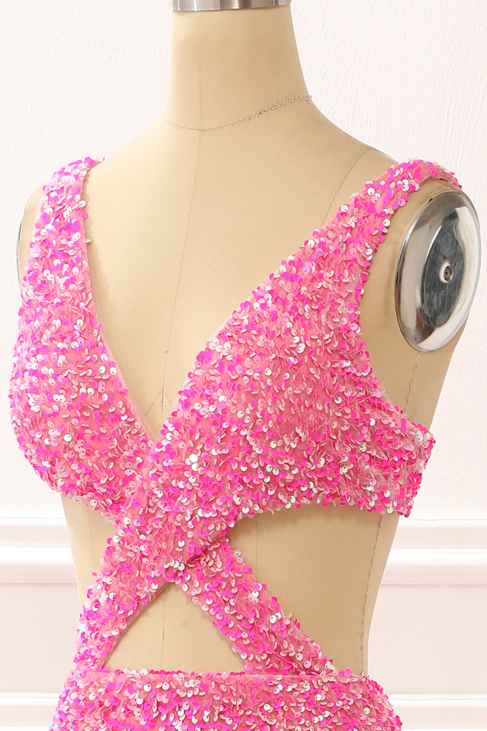 Luolandi Hot Pink Mermaid Sparkly Prom Dress With Slit V-neck Sparkly Evening Dress