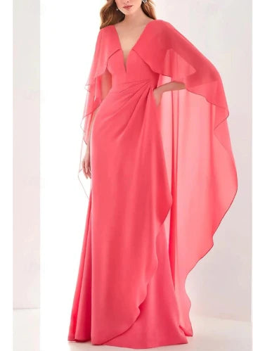 Luolandi Sheath / Column Evening Gown Elegant Dress Long Sleeve V Neck Chiffon with Ruched Ruffles Solid Color