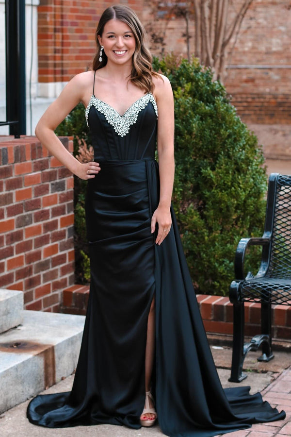 Luolandi Black Rhinestone V-Neck Long Formal Dress with Attached Train Sexy Evening Dress