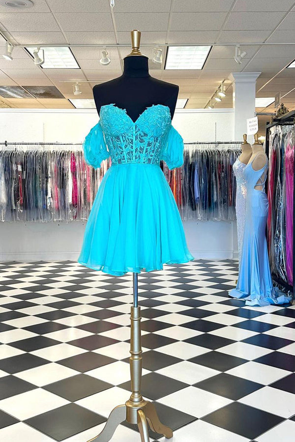 Luolandi A Line Lace Off the Shoulder Homecoming Dress with Appliques Beautiful