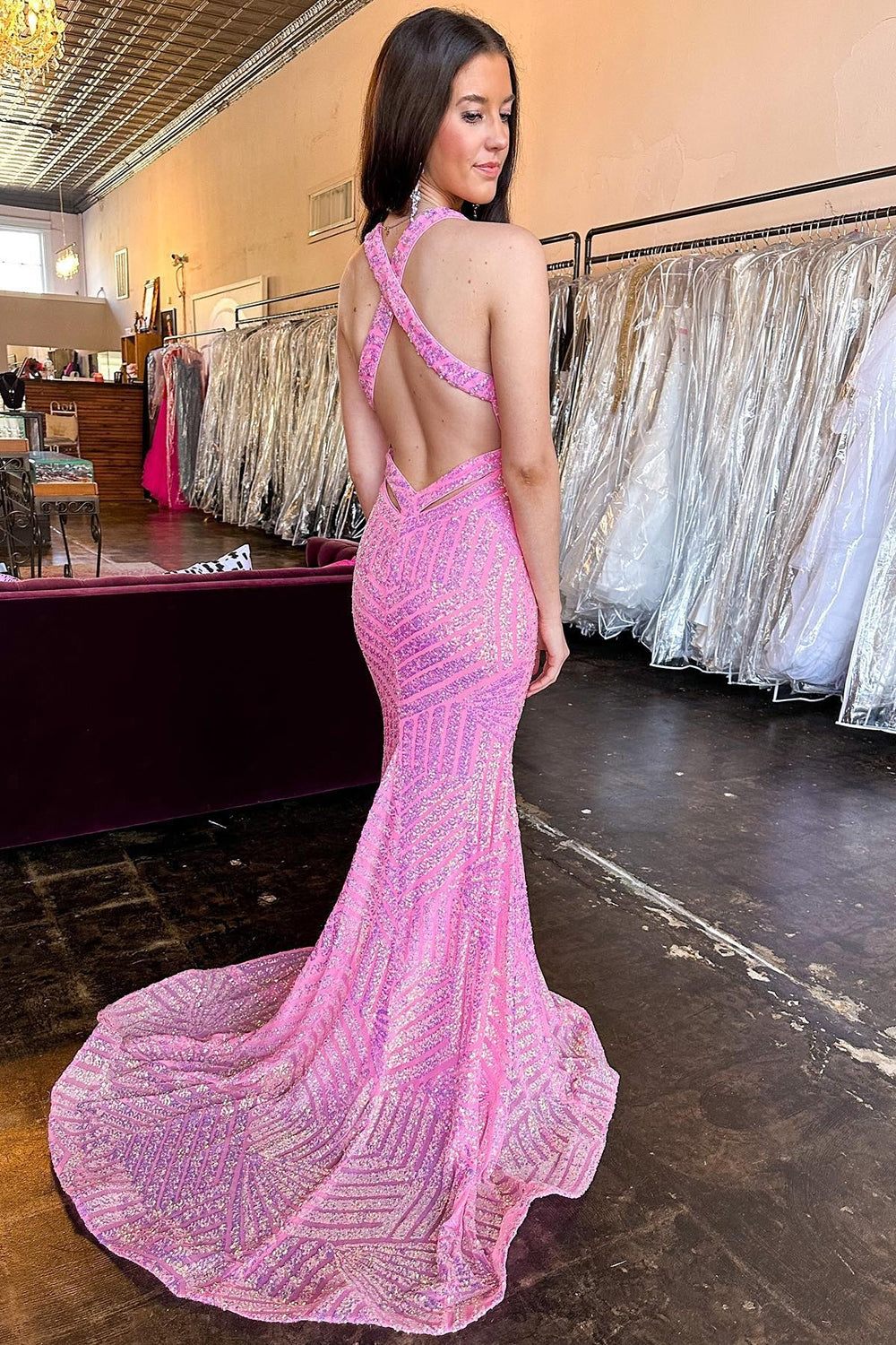 Luolandi Hot Pink Mermaid Halter Sequins Cross Back Prom Dress Sparkly Evening Dress