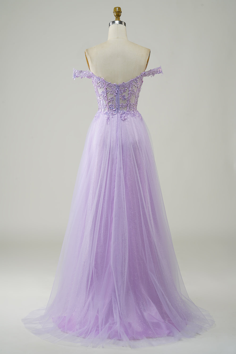 Luolandi Corset A-Line Long Tulle Prom Dress With Lace Off Shoulder Lilac with Appliques