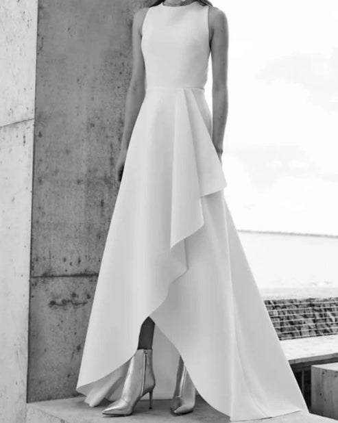 Luolandi Bridal Shower Formal Wedding Dresses A-Line Scoop Neck Sleeveless Asymmetrical Satin Bridal Gowns With Split