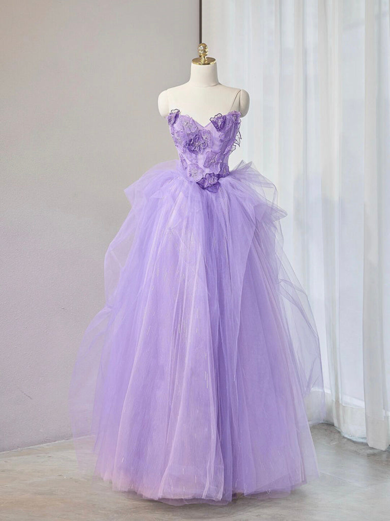 Luolandi A-Line Sweetheart Neck Tulle Lace Applique Purple Long Prom Dress Formal Dress With Flowers