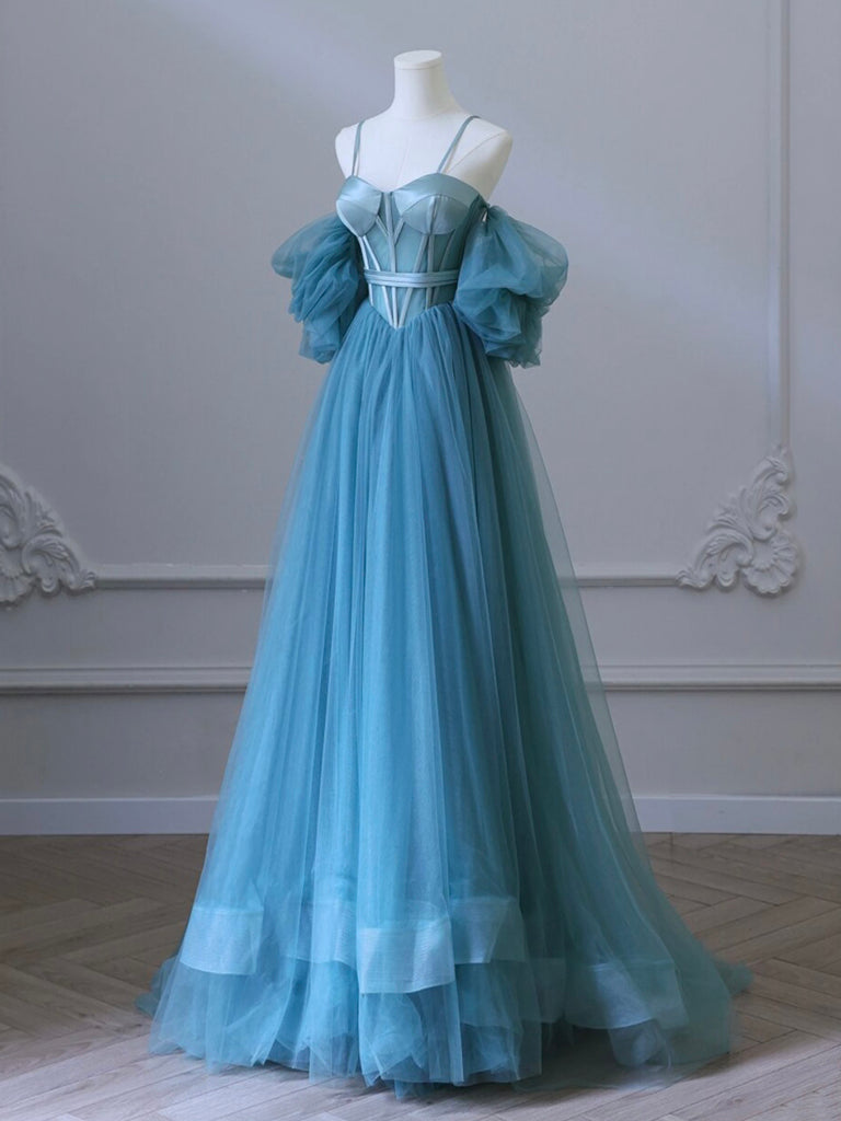 Luolandi A-Line Sweetheart Neck Tulle Blue Long Prom Dress Formal Dress Elegant december wedding guest dress