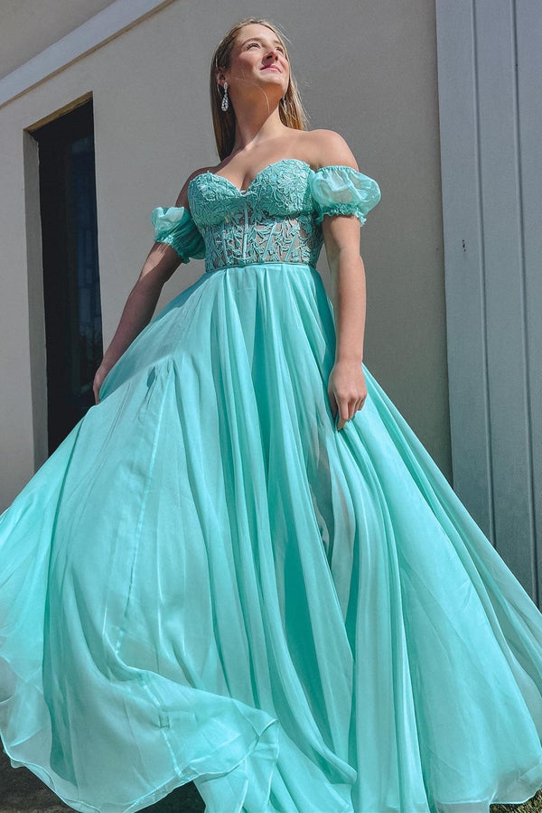 Luolandi A line Sweetheart Chiffon Prom Dress with Puff Sleeves Off Shoulder Floor Length