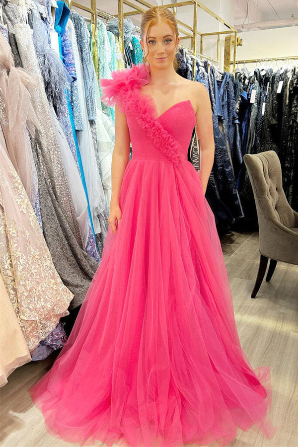 Luolandi A-Line One Shoulder Long Tulle Prom Dress with Ruffles Floor Length Sexy With Slit