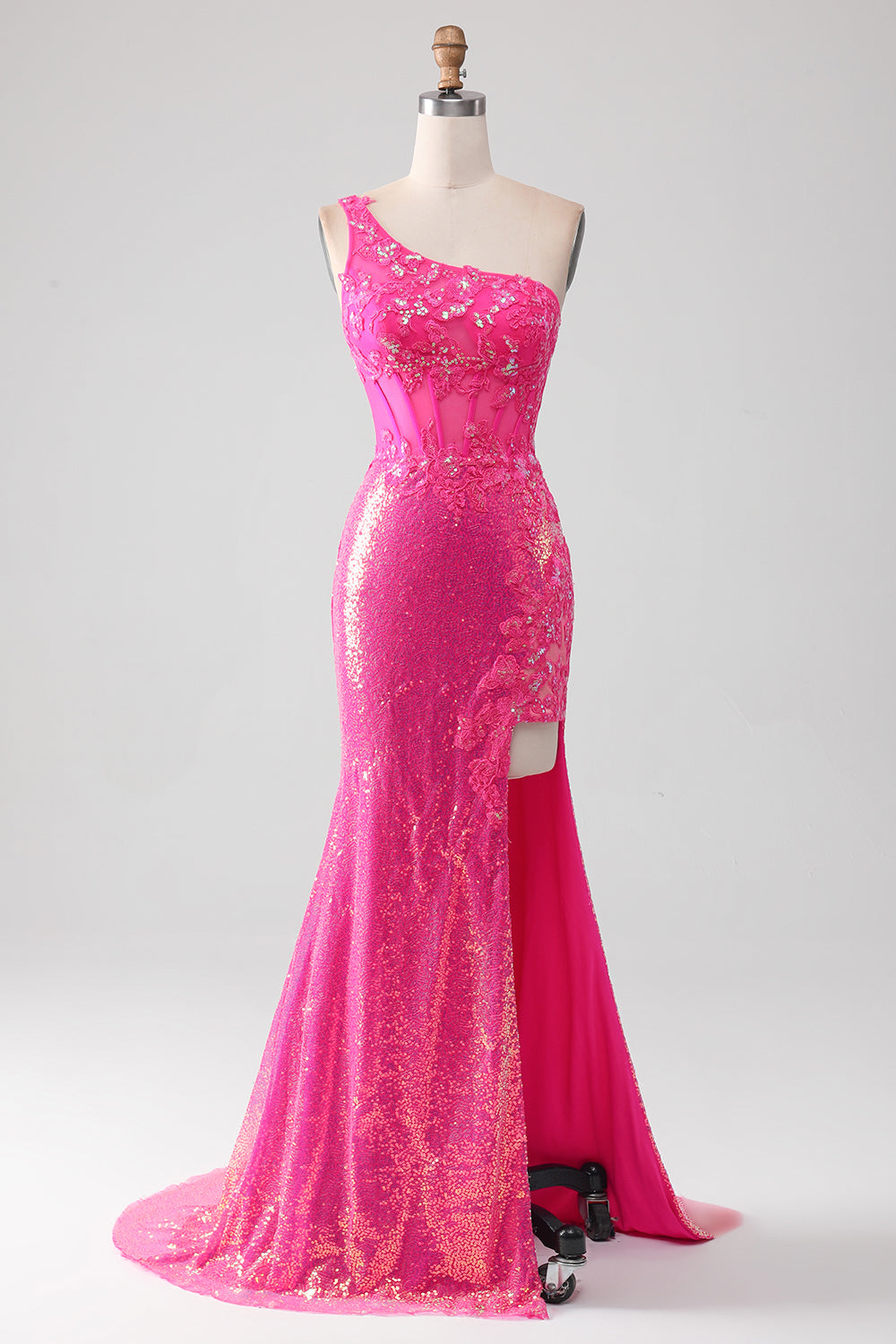 Luolandi Sparkly Fuchsia Mermaid One Shoulder Appliques Prom Dress With Slit Evening Dress