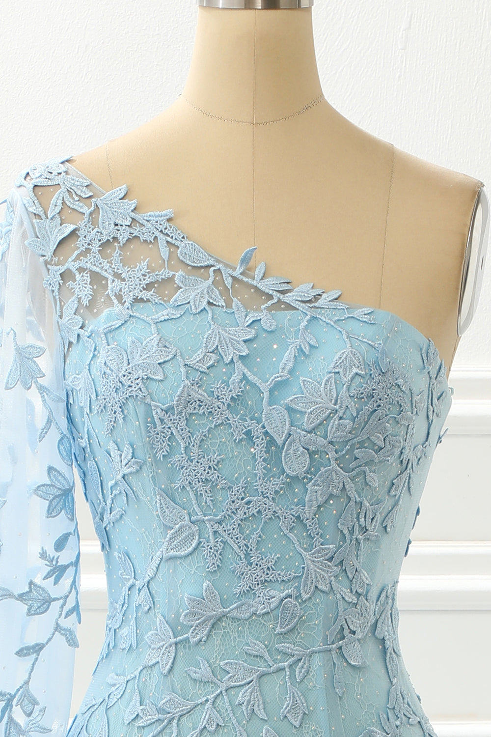 Luolandi One Shoulder Sky Blue Mermaid Prom Dress With Appliques Long Sleeve