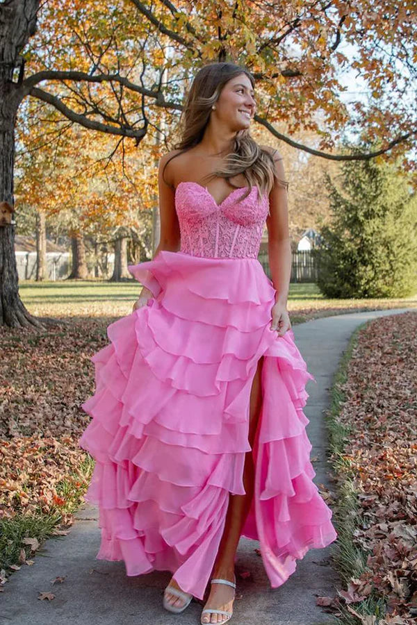 Luolandi Pink Sweetheart Tiered A-Line Long Prom Dress with Appliques And Slit Off Shoulder