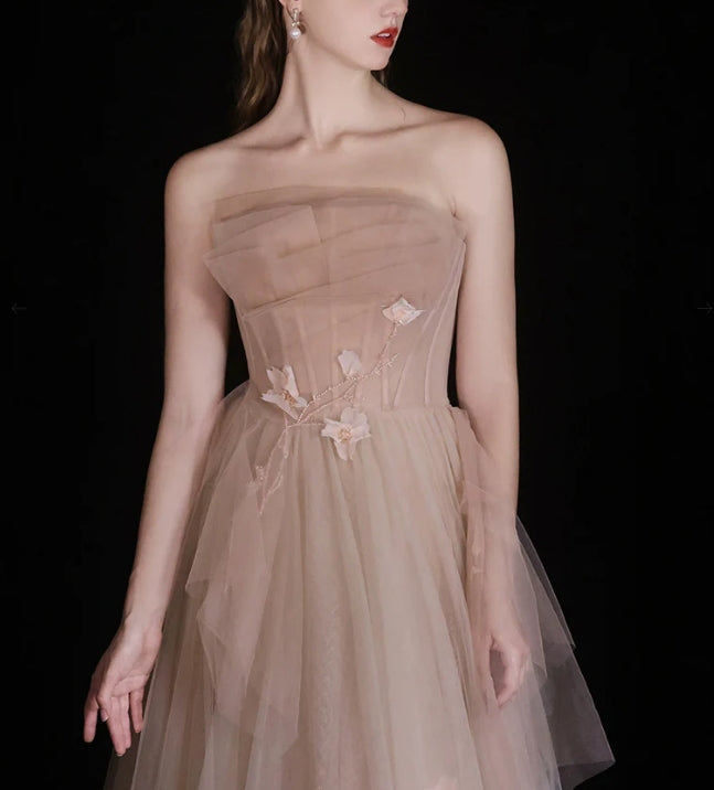 Luolandi A-Line Strapless Tulle Beads Long Prom Dress Sweet Formal Dress Elegant Evening Party Dress