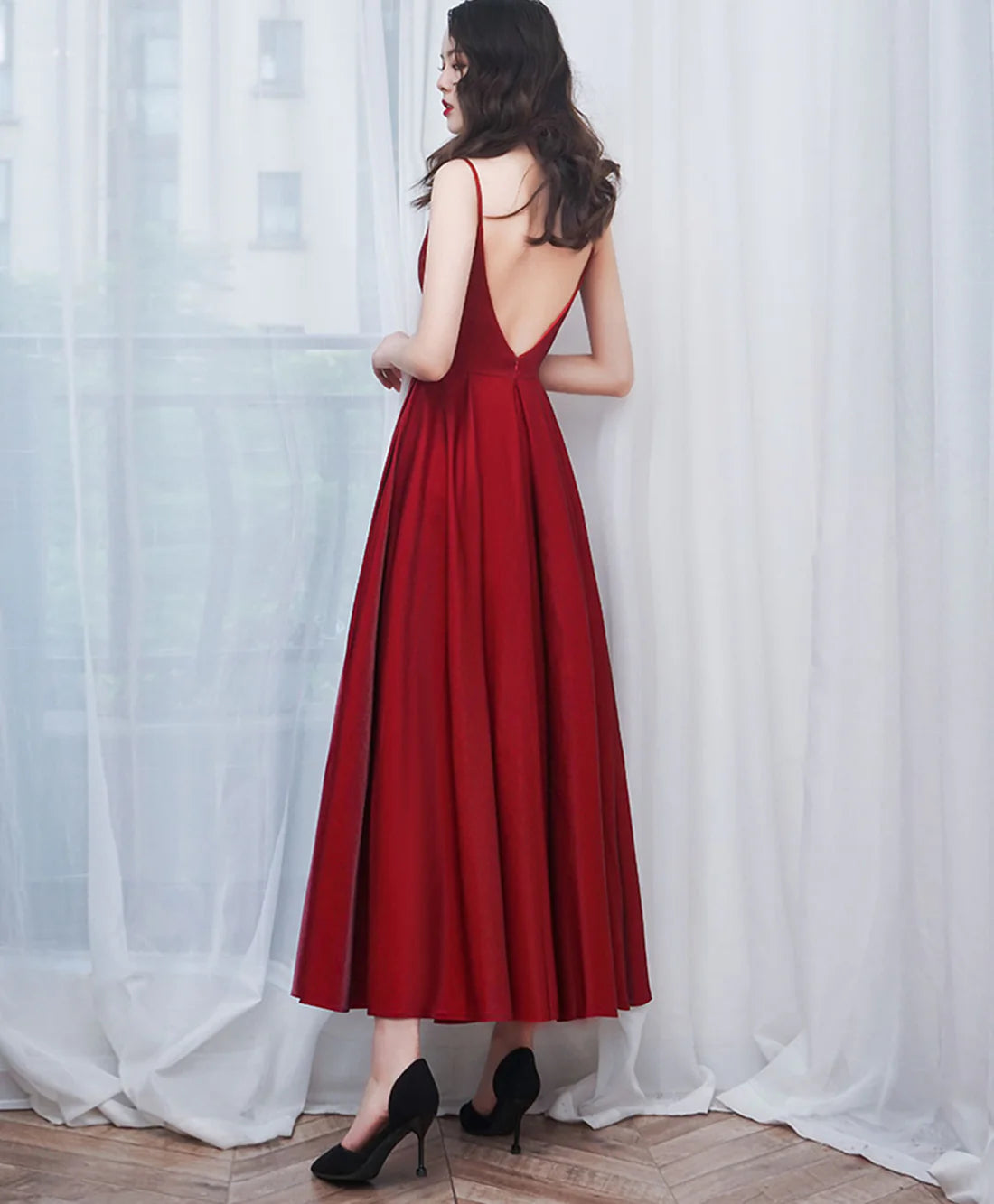 Luolandi A-Line Satin Burgundy Prom Dress Bridesmaid Dress Formal Dress Elegant Evening Dress