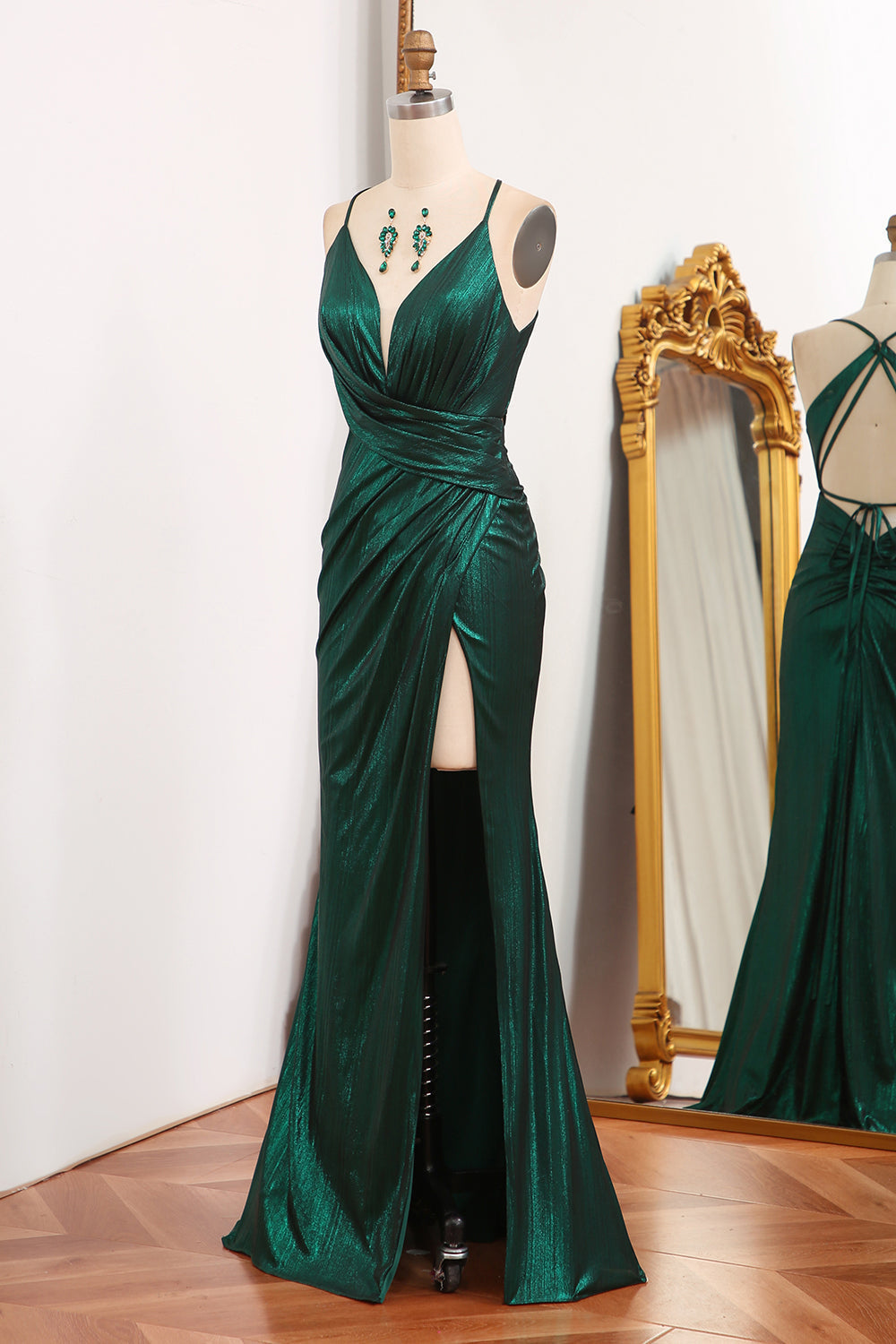 Luolandi Mermaid Spaghetti Straps Long Dark Green Prom Dress Sexy Evening Dress With Slit