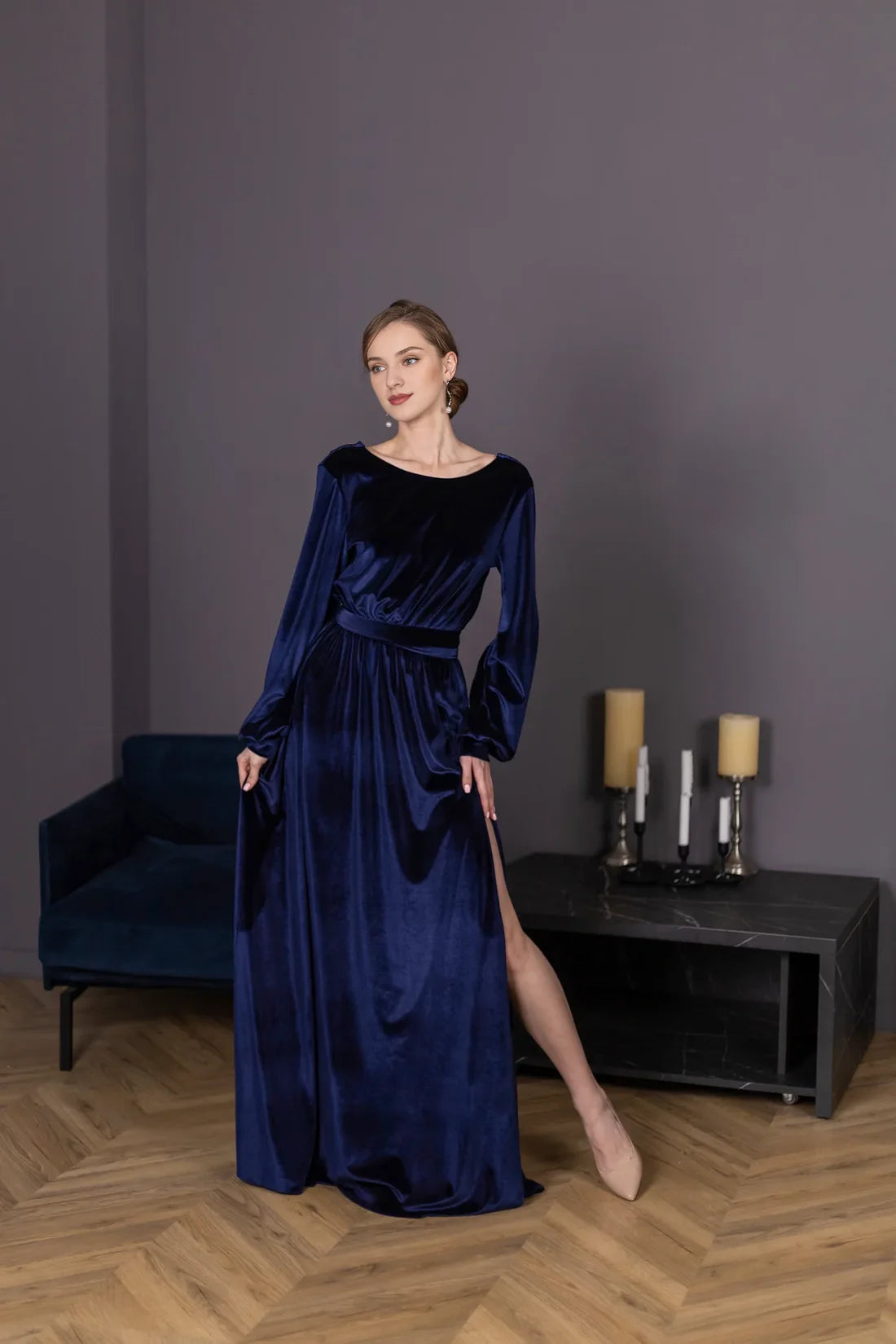 Luolandi Long Sleeves Winter Formal Dresses Women Velvet Wedding Guest Plus Size Dress Cocktail Dress Evening Dress With Slit