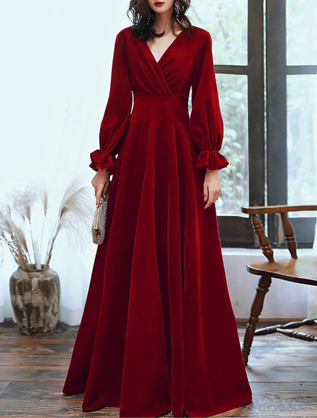 Luolandi A-Line Minimalist Elegant Engagement Formal Evening Dress V Neck Long Sleeve Floor Length Velvet with Pleats Ruffles Party Dress