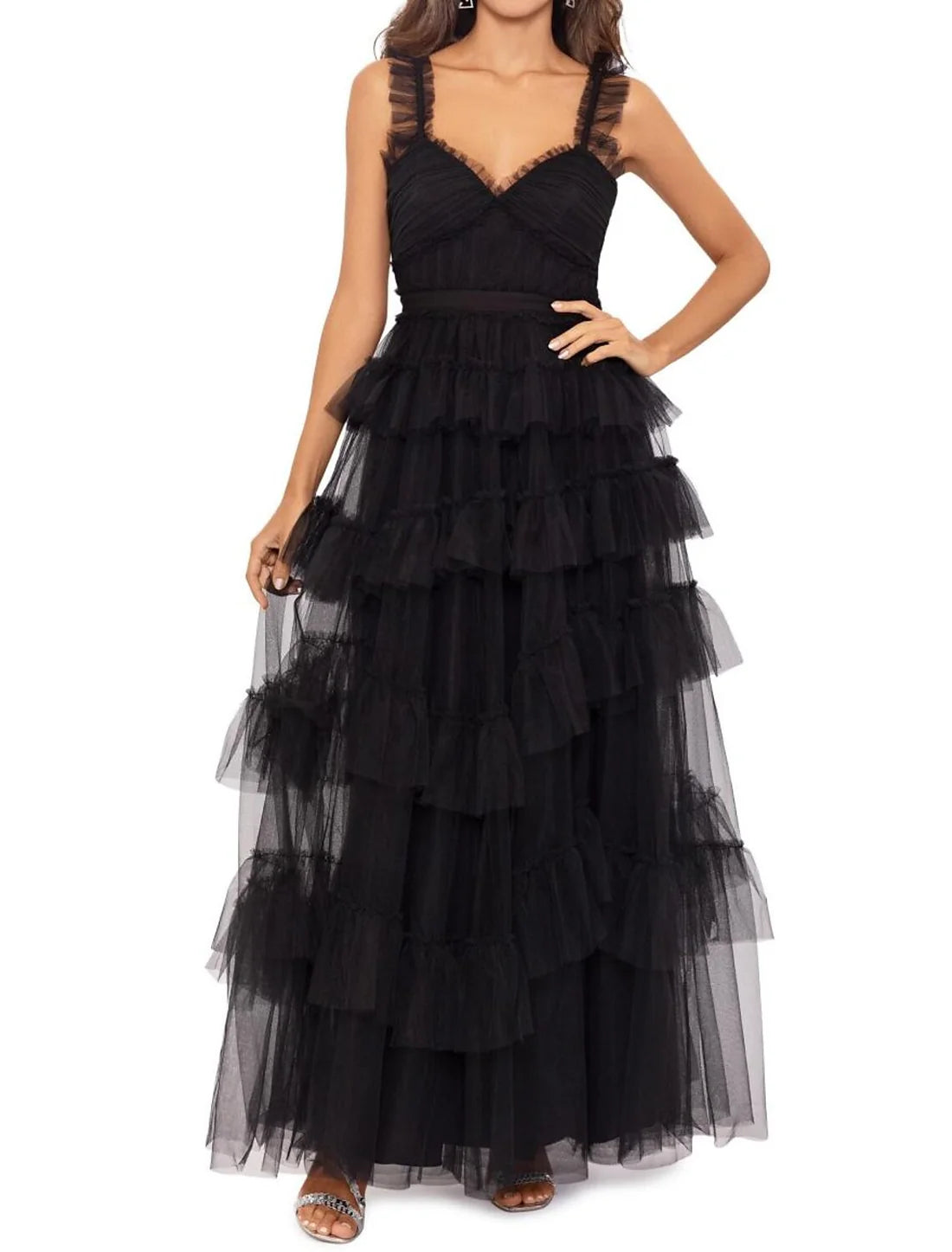 Luolandi Ball Gown Prom Dresses Tiered Plisse Dress Masquerade Prom Floor Length Sleeveless Sweetheart Tulle Ladder Back with Pure Color Evening Dress