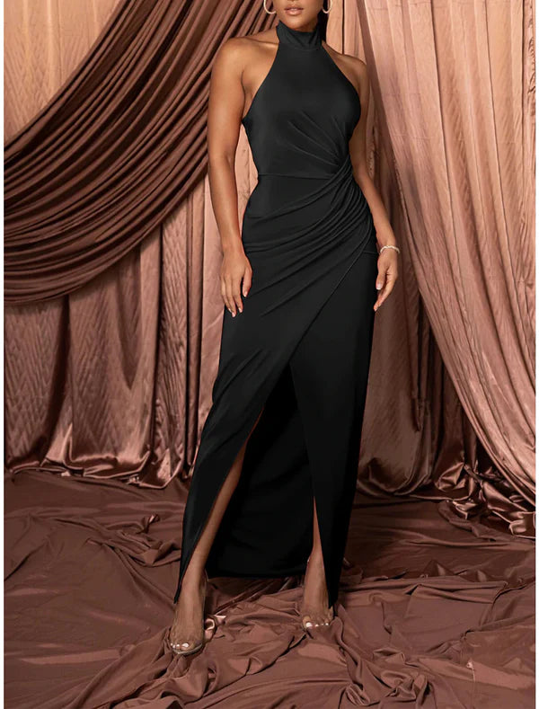 Luolandi Women's Prom Dress Party Dress Homecoming Dress Long Dress Maxi Dress Black Army Green Blue Sleeveless Pure Color Ruched Halter Neck Party Evening Party Wedding Guest Dress