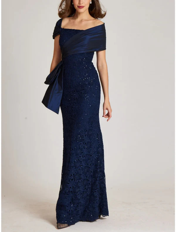 Luolandi Mermaid / Trumpet Evening Gown Elegant Dress Formal Floor Length Short Sleeve Off Shoulder Lace with Glitter Ruched Mother of the Bride Dress